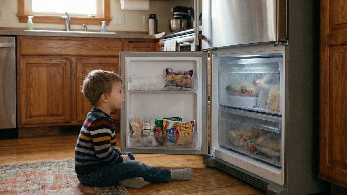 Dieťa sediace pred otvorenou mrazničkou