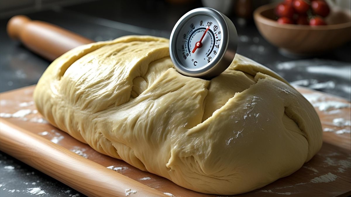 Bochník surového cesta so zabodnutým teplomerom